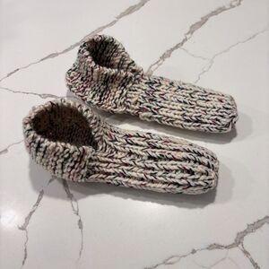Cozy Handmade Women’s Knit Slipper Socks - Cream Red Green Hand Made Knit OS